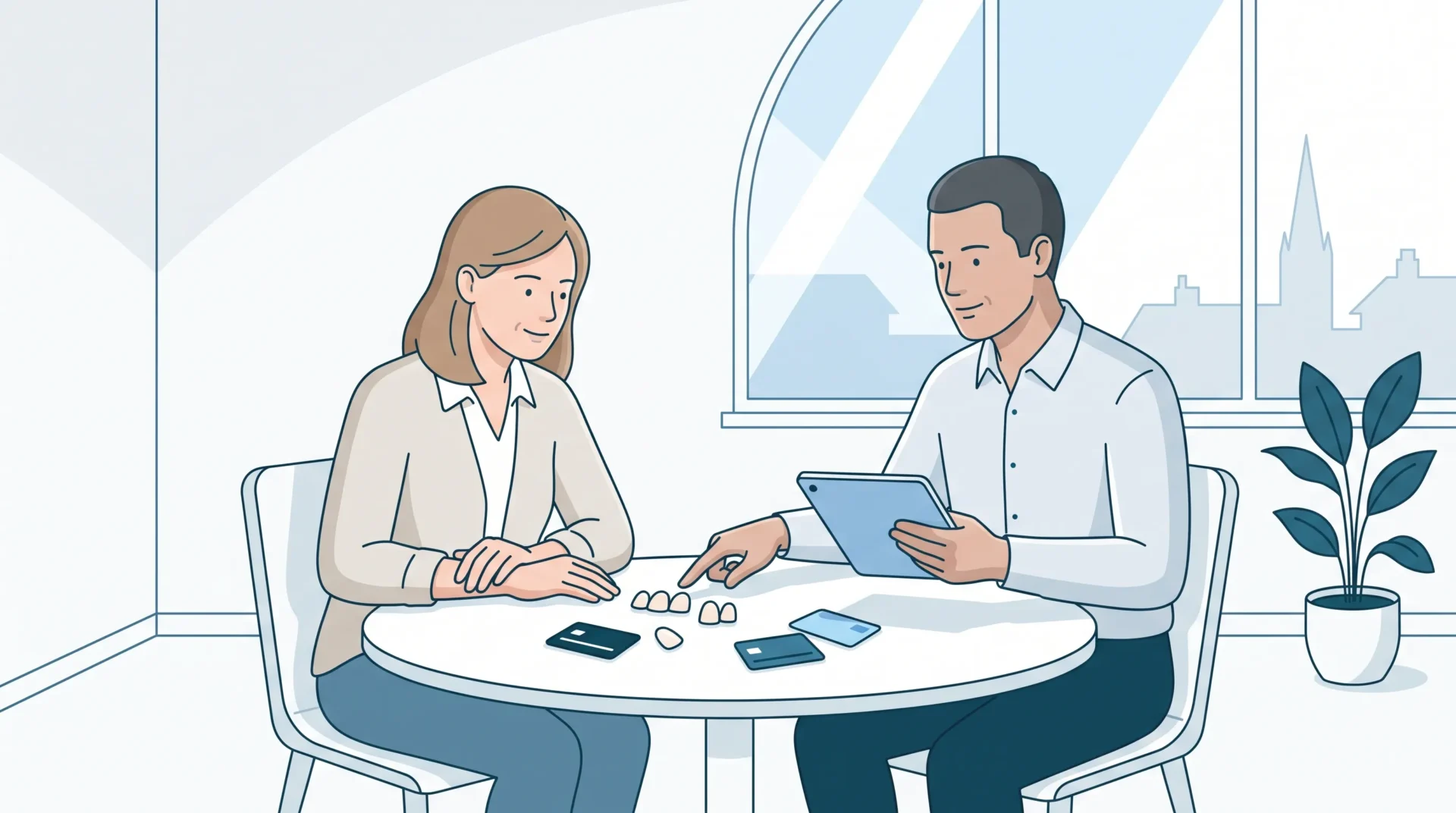 A calm adult patient and dentist discuss veneers in Sydenham with small veneer samples and payment card shapes on the table.