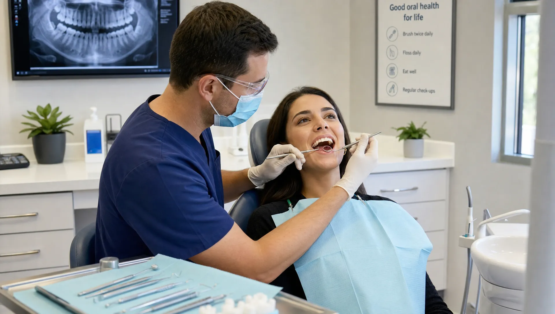 A calm dental consultation room with a dentist examining a patient’s teeth while the patient sits comfortably in the chair, with dental tools neatly arranged nearby.