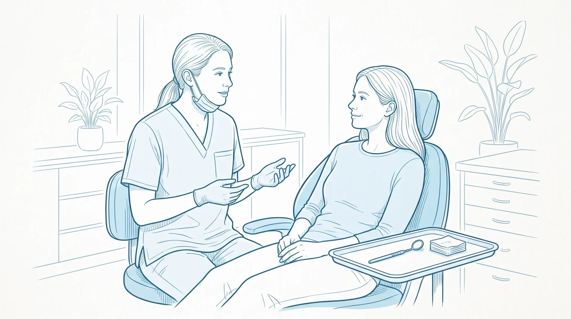 A calm dental professional speaks with a seated patient in a Sydenham clinic, with a small tray holding a dental mirror and gauze nearby.