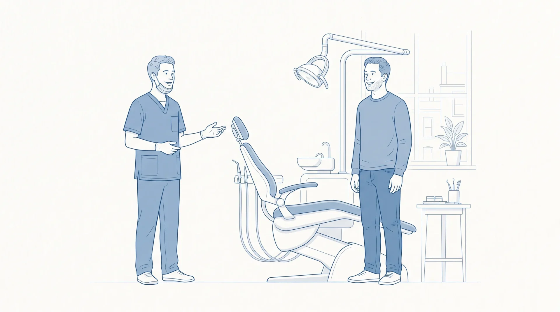 A calm dentist greets an adult patient beside a dental chair in Sydenham.