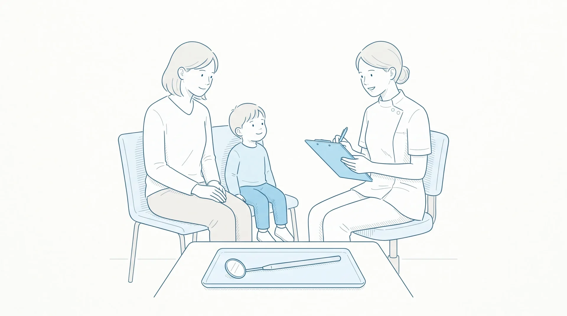 A calm family dental consultation with a parent and child seated beside a dentist and a simple dental mirror on a tray.
