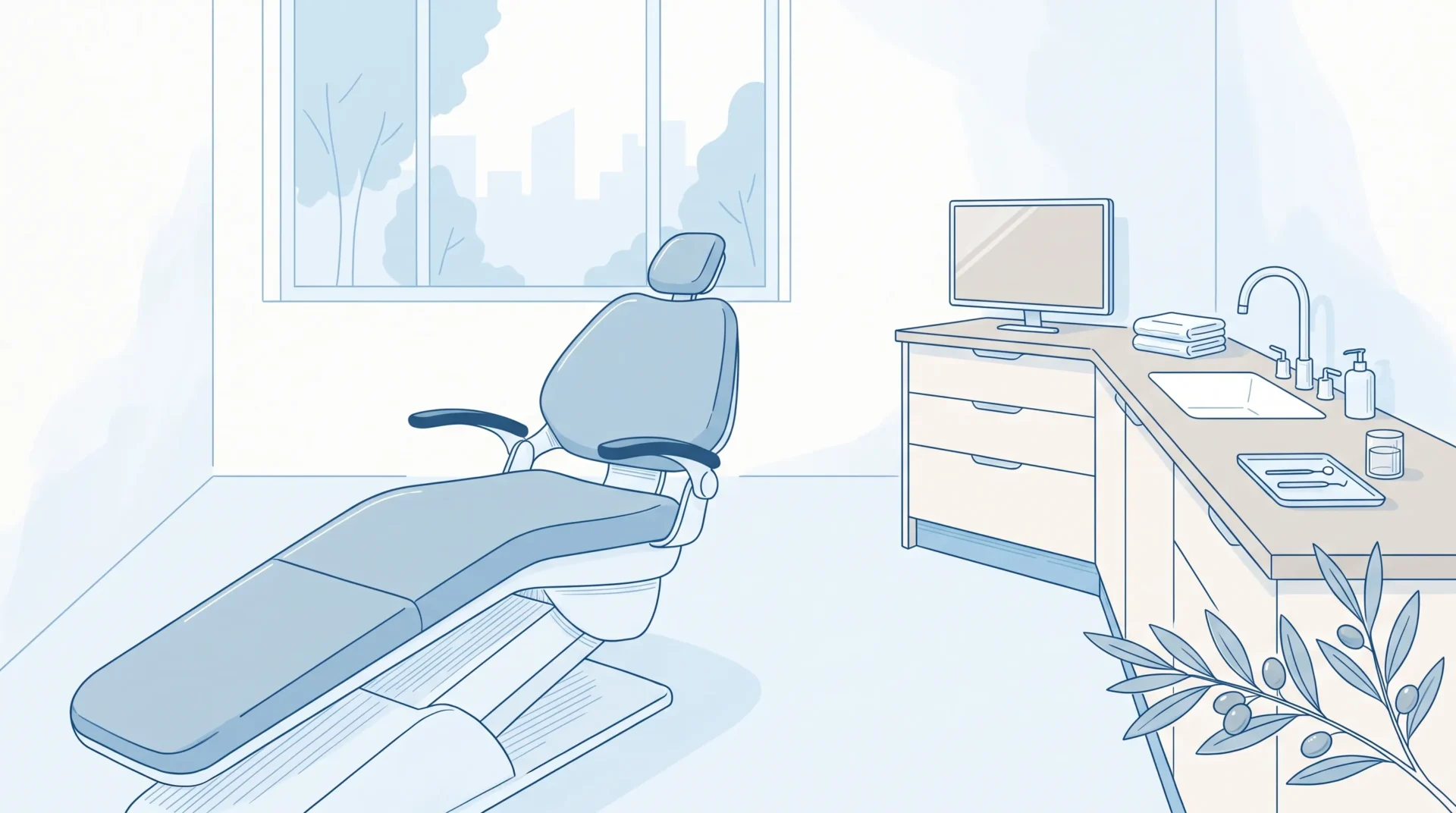A calm Sydenham dental consultation room with a treatment chair, side cabinet and tidy sink area.
