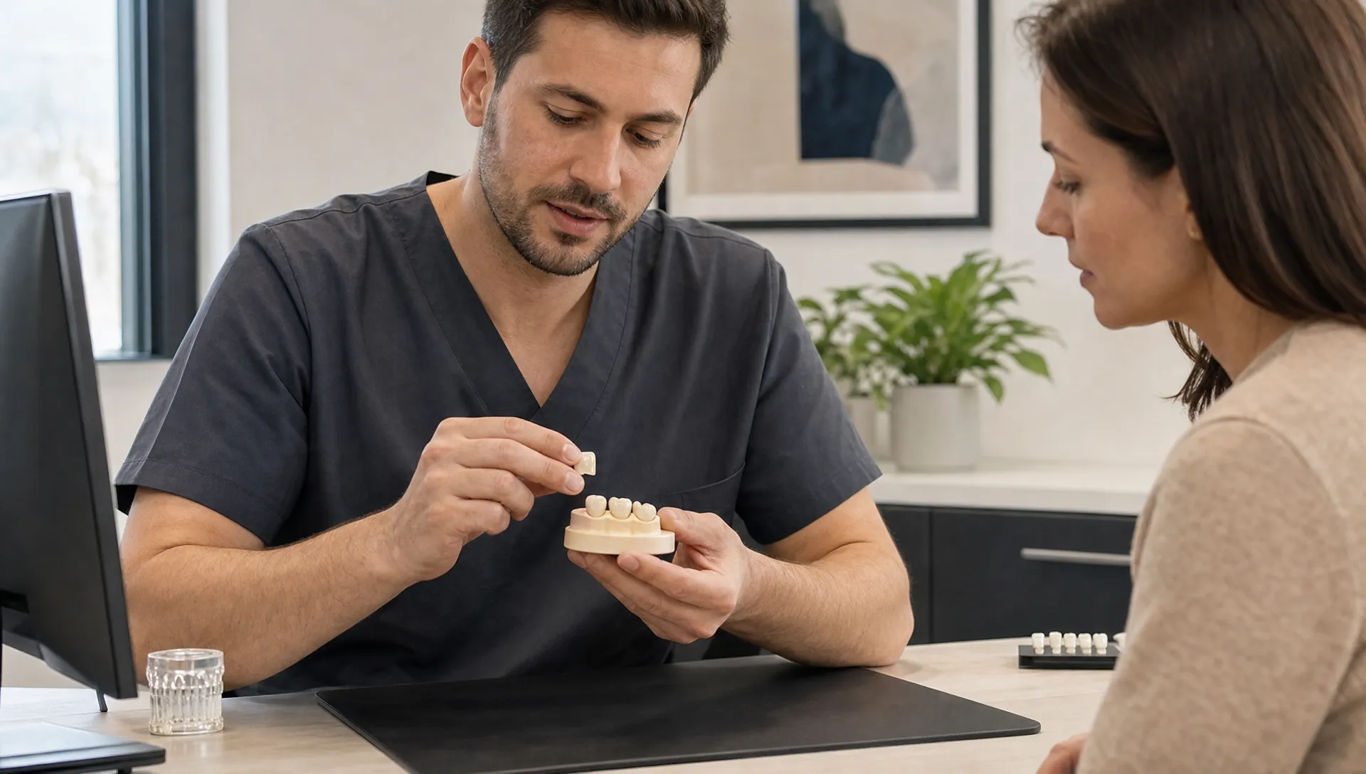 A ceramic dental crown sits above a prepared tooth in a calm crown assessment scene.