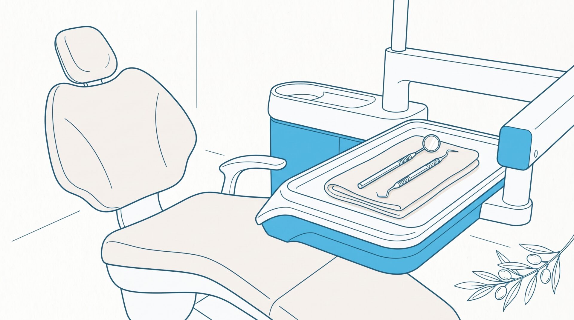 A dental chair arm and ready instruments in a quiet Sydenham clinic room.
