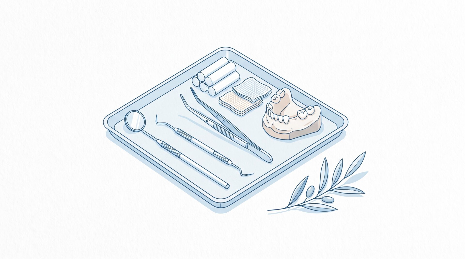 A dental exam kit sits in a tray with a mirror, tweezers, probes, gauze, cotton rolls and a tooth model, with a small olive branch beside it.