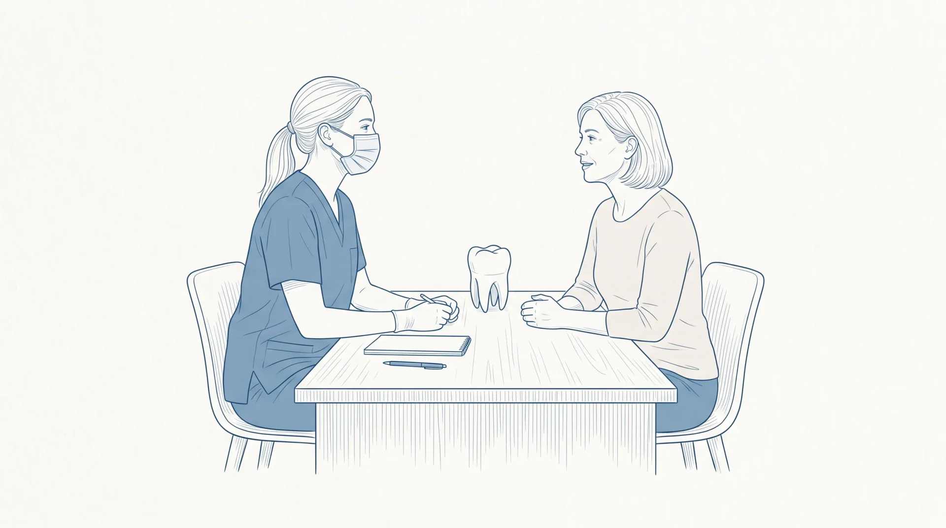 A dental professional in clinical attire speaks with an adult patient in a calm consultation room about free and subsidised dental care, with a simple tooth model on the desk.