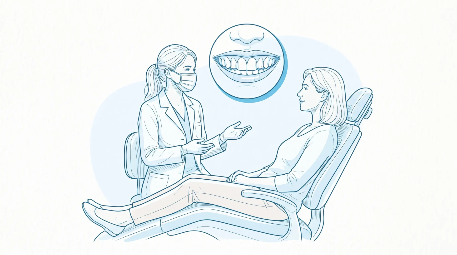 A dental professional speaks with an adult patient beside a dental chair, with a small inset showing natural front teeth for smile dental design planning.