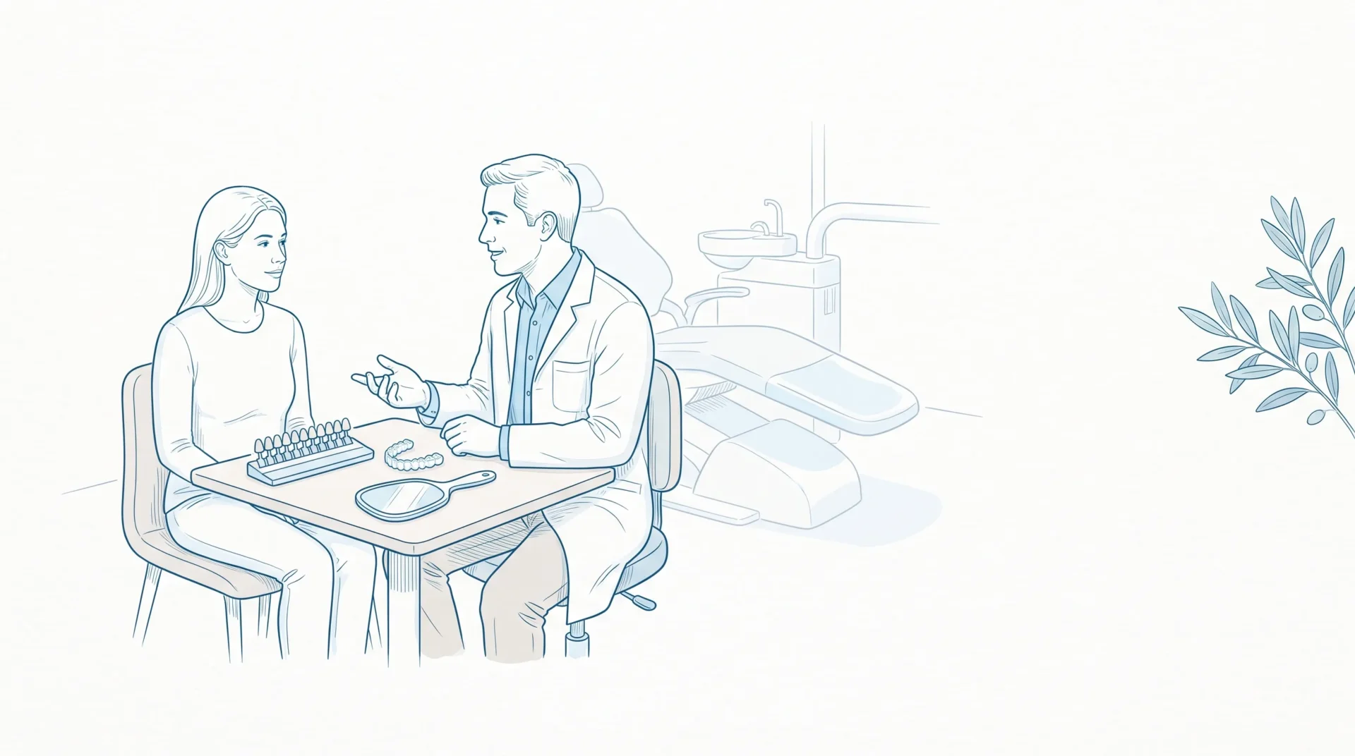 A dentist and adult patient discuss teeth whitening beside a small table with shade guide and trays in a calm clinic room.