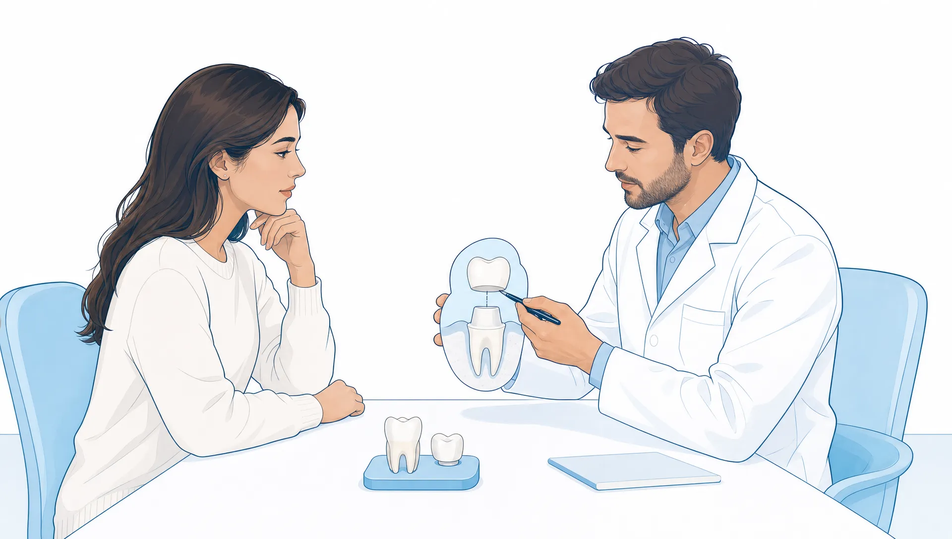 A dentist and patient discuss whether a crown suits a weakened tooth in a calm consultation.