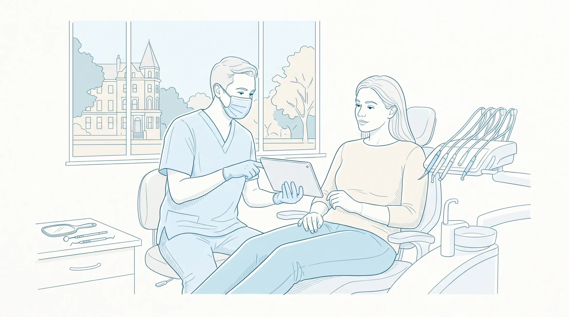 A dentist discussing dental care near me with an adult patient beside a treatment chair in Sydenham.