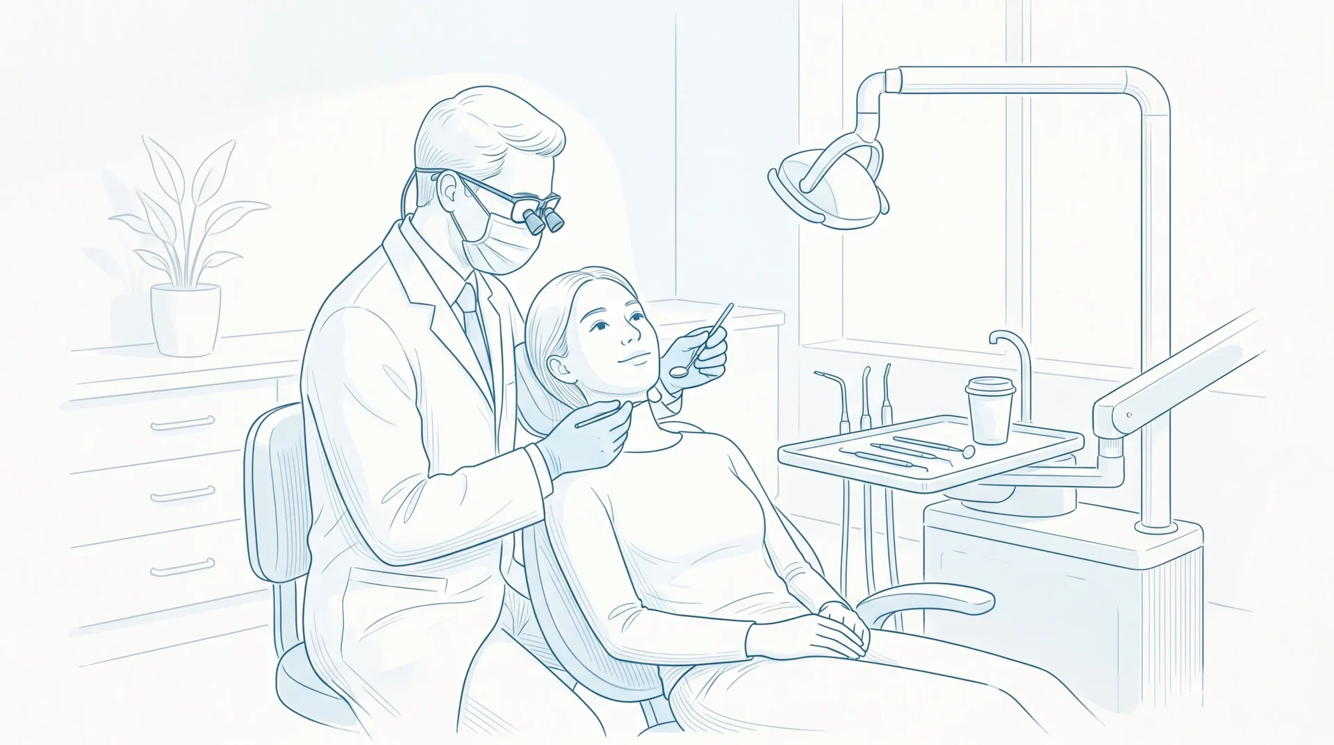 A dentist gently examines a seated patient in a clean Sydenham clinic, with a mirror, tray and calm room details around them.