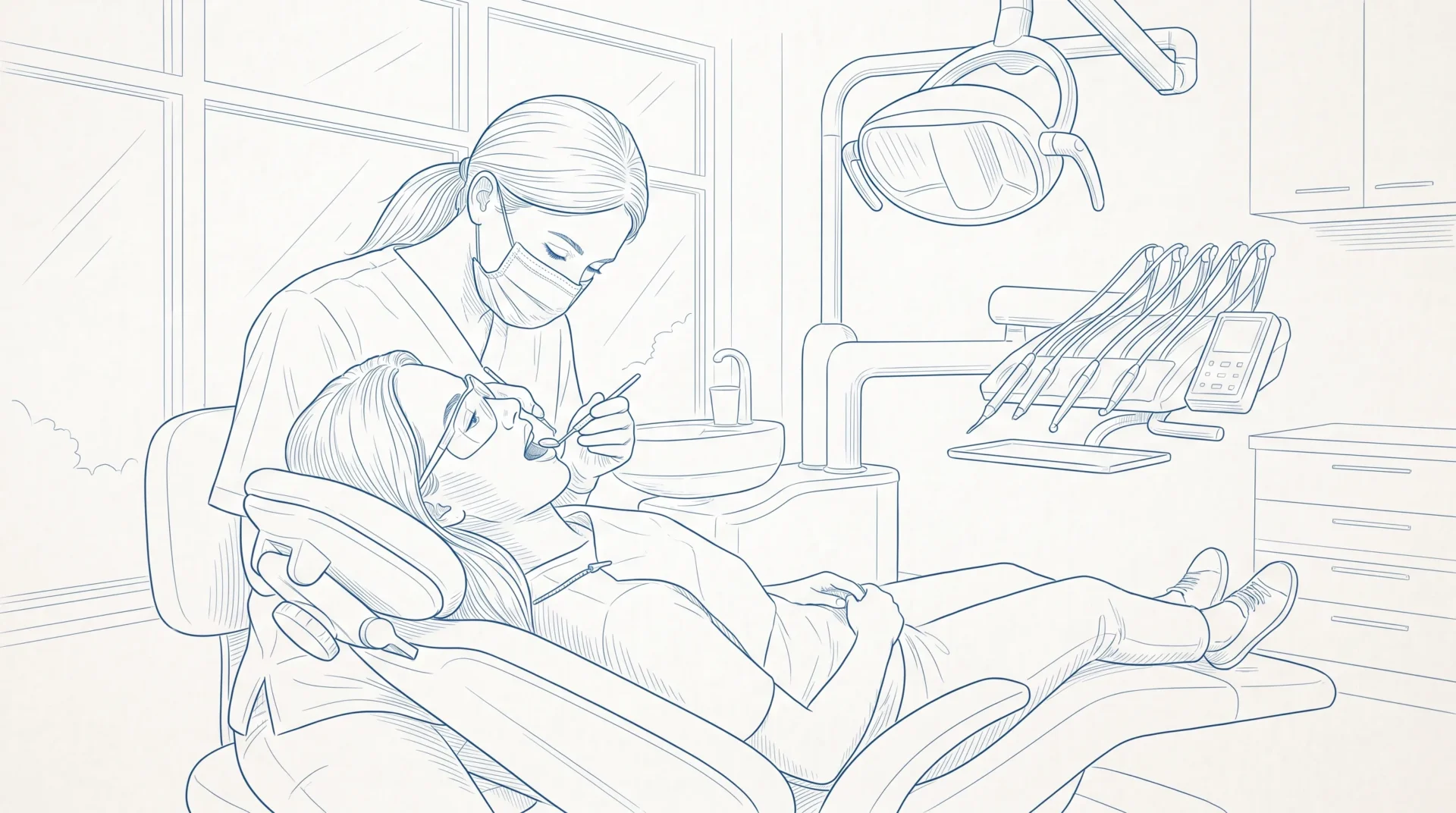 A dentist gently examines an adult patient during a routine dental check-up in a calm clinic room.