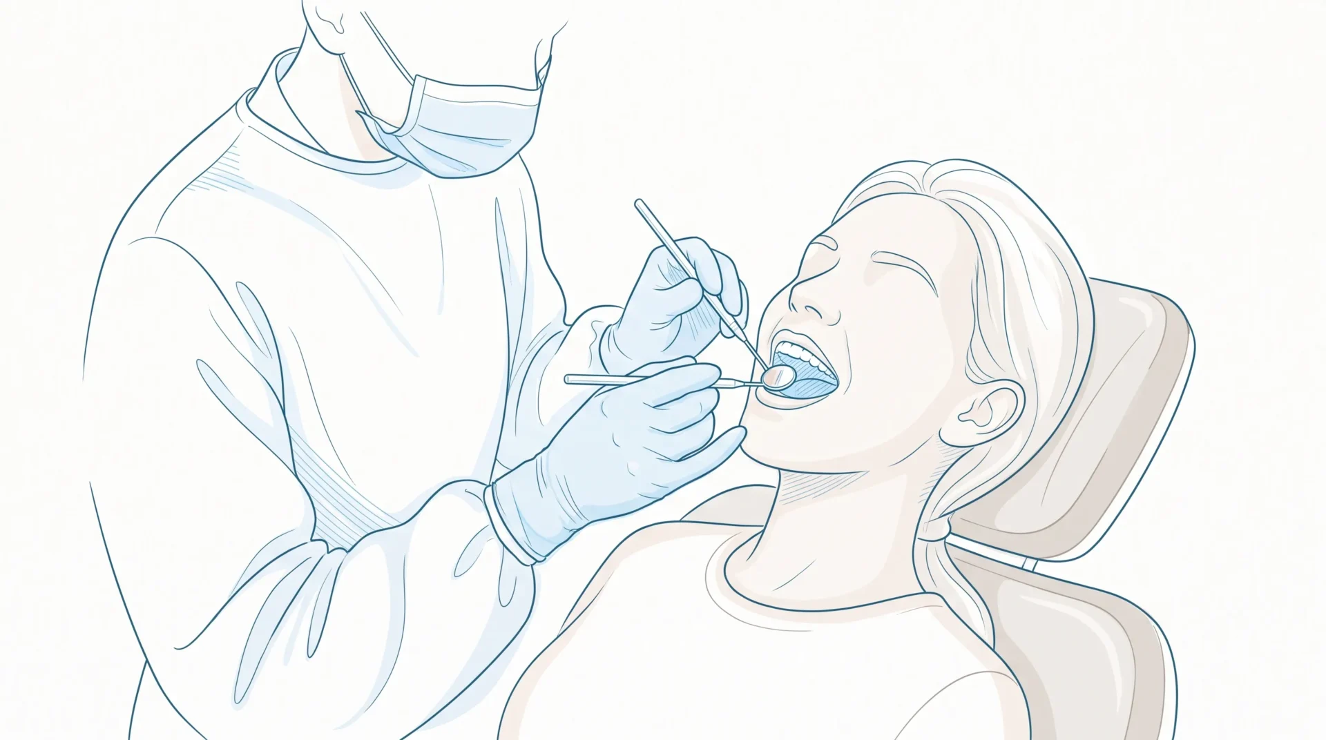A dentist gently examines an adult patient's teeth with a mirror during a check for sensitive teeth.