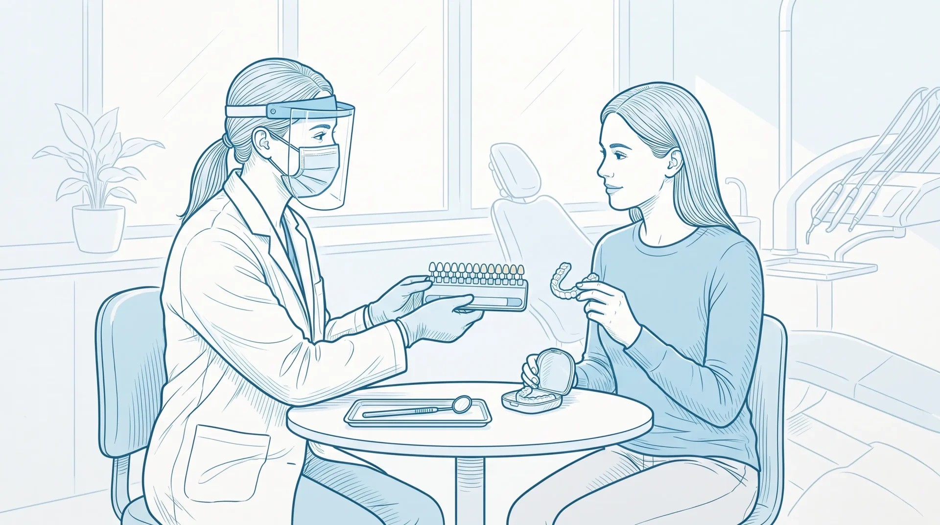 A dentist in a Sydenham clinic discusses teeth whitening options with an adult patient beside a shade guide, whitening trays and a dental mirror.