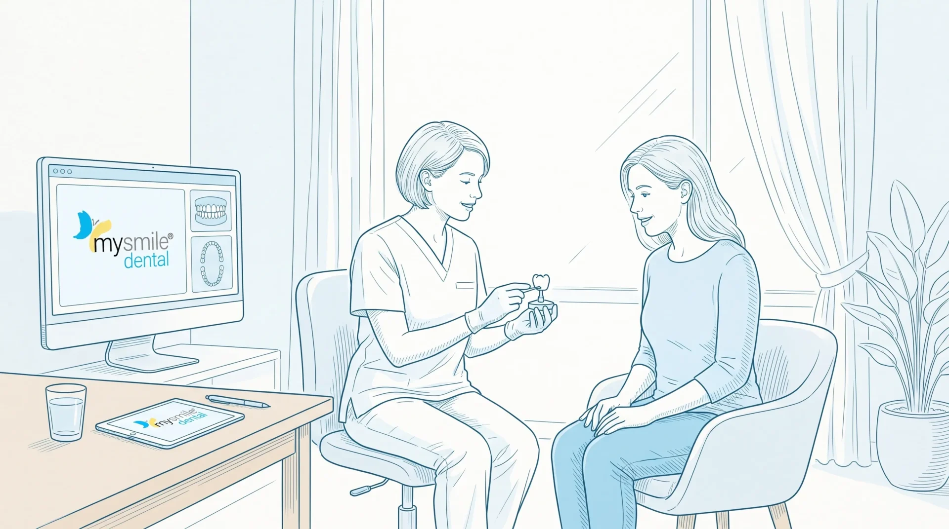 A dentist in clean clinical scrubs discusses a porcelain crown sample with an adult patient seated beside them in a Sydenham clinic consultation room.