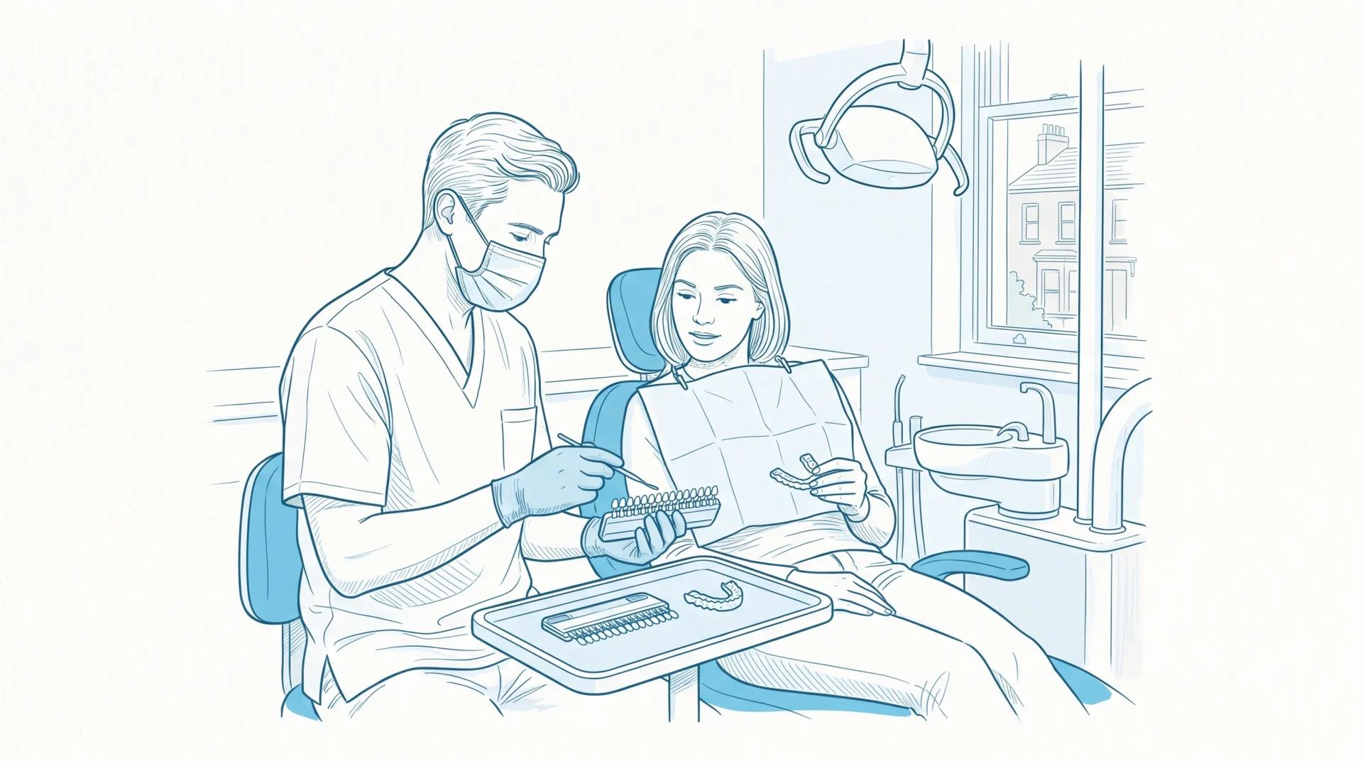 A dentist in clinical attire discusses whitening prices with an adult patient beside a shade guide and custom tray in a Sydenham clinic.