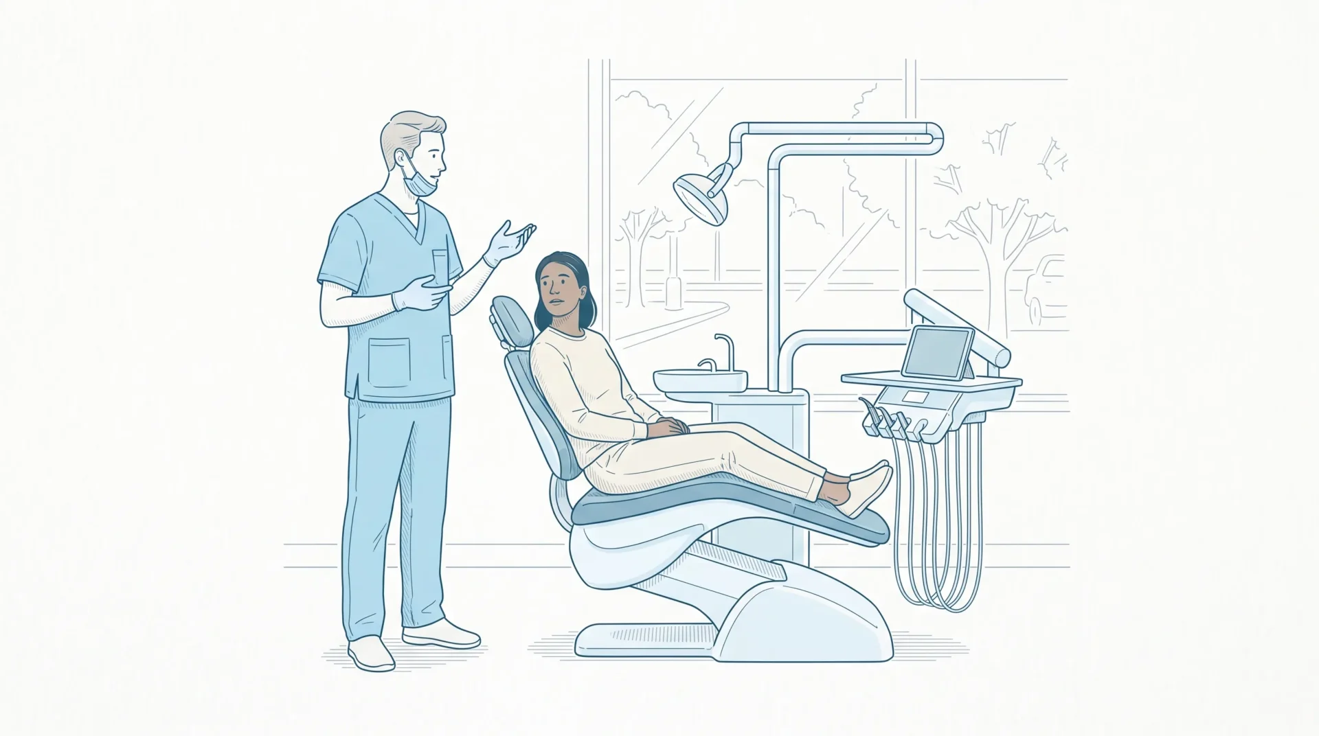 A dentist in clinical scrubs discusses emergency dental care with an adult patient seated beside a treatment chair in a Sydenham clinic.