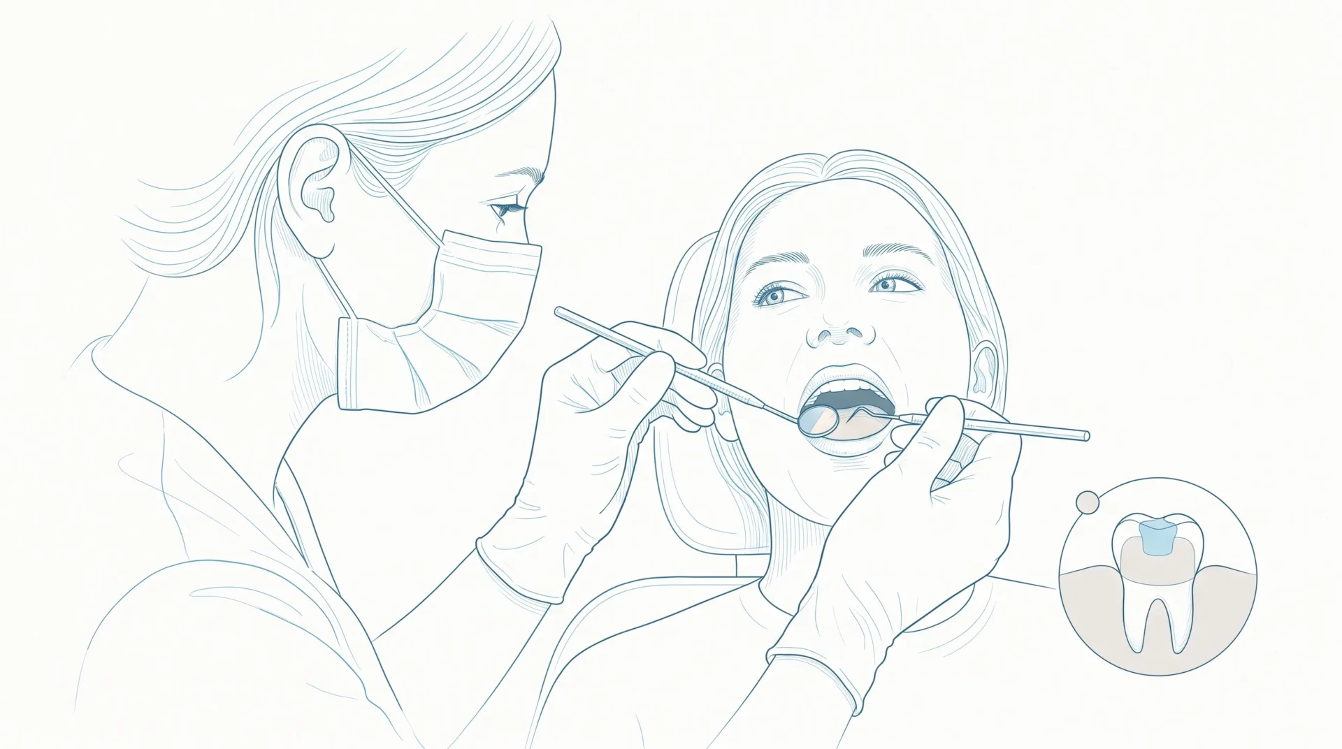 A dentist in gloves examines a seated patient's molar with a mirror, with a small inset showing a tooth-coloured filling.