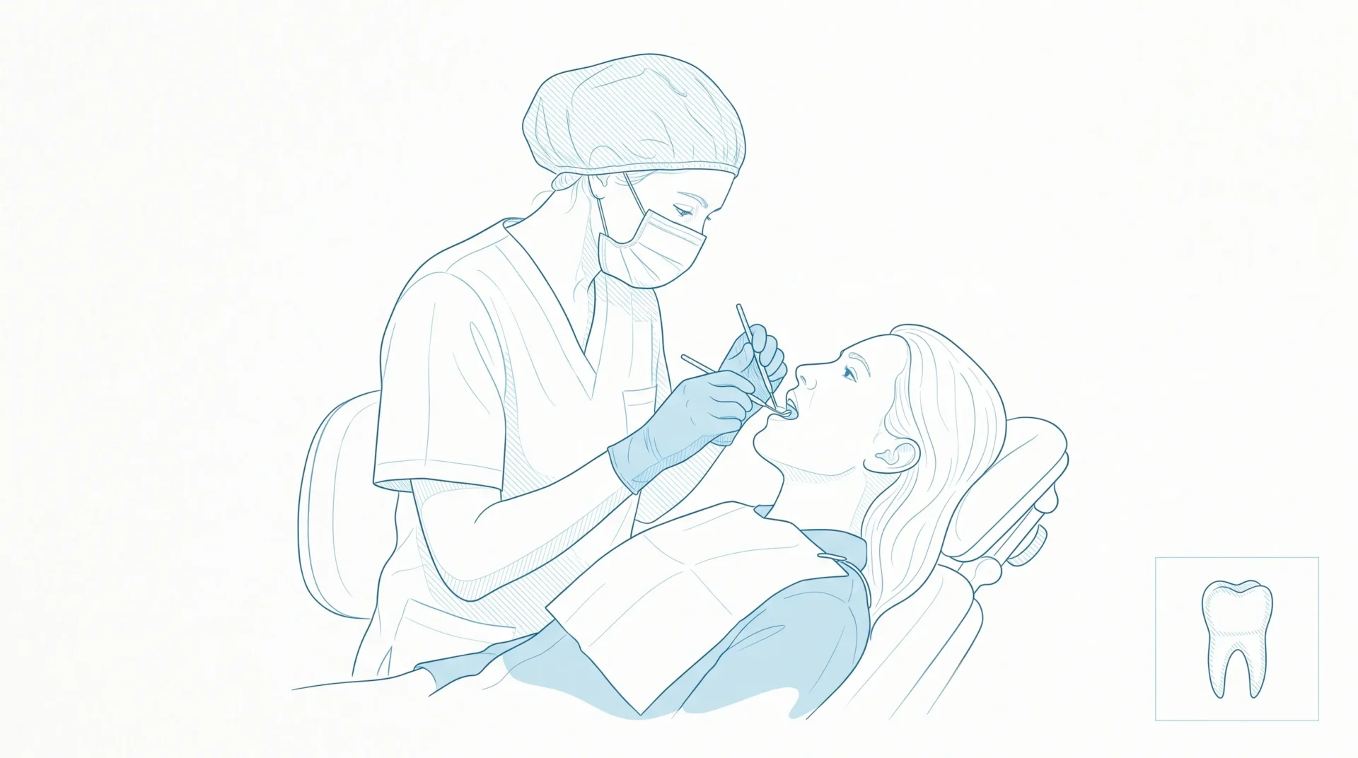 A dentist in protective gear gently examines an adult patient in a dental chair, with a small molar inset beside the scene.