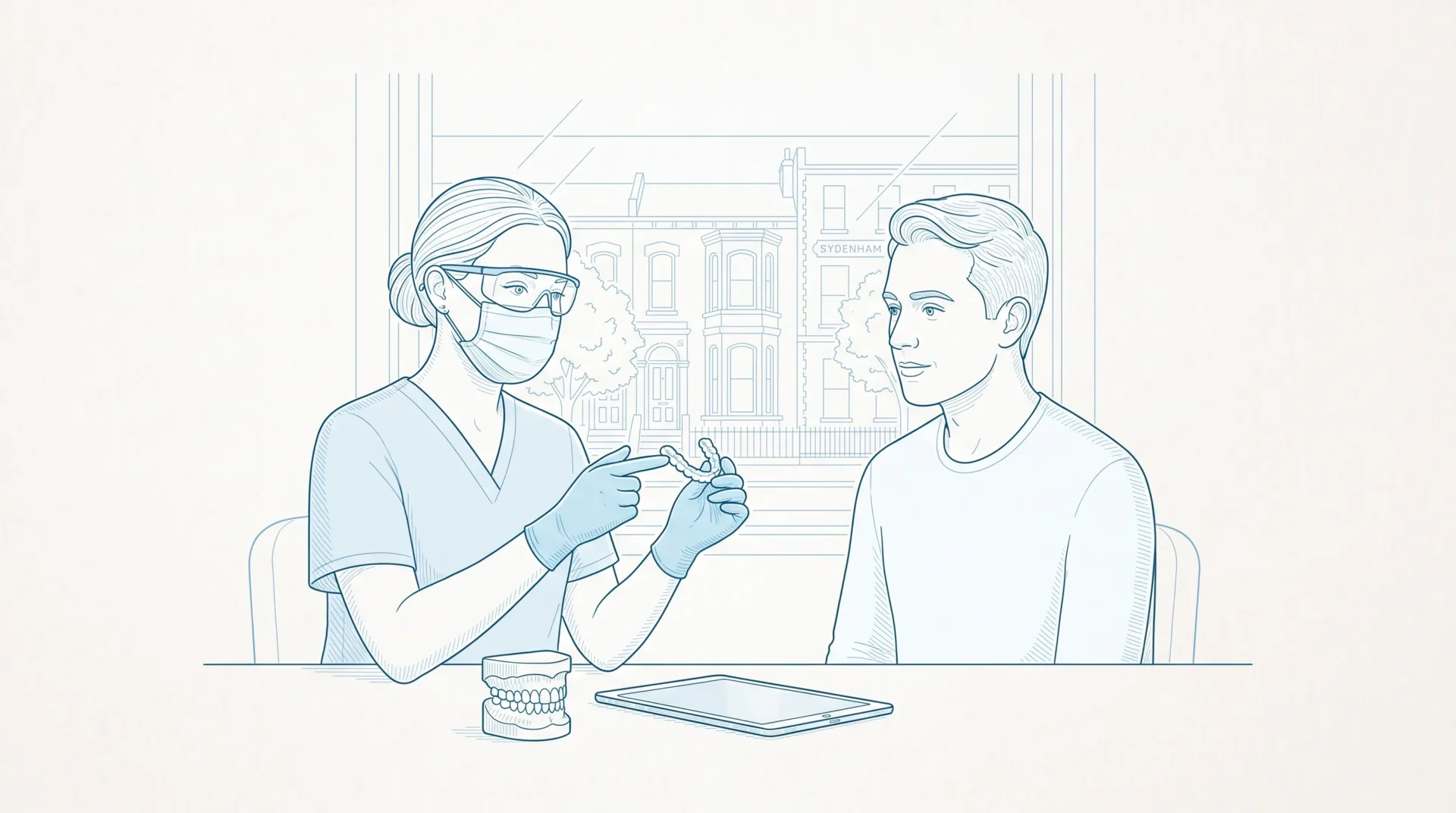 A dentist in scrubs, gloves, mask and protective eyewear discusses a clear aligner with an adult patient during an Invisalign consultation in Sydenham.