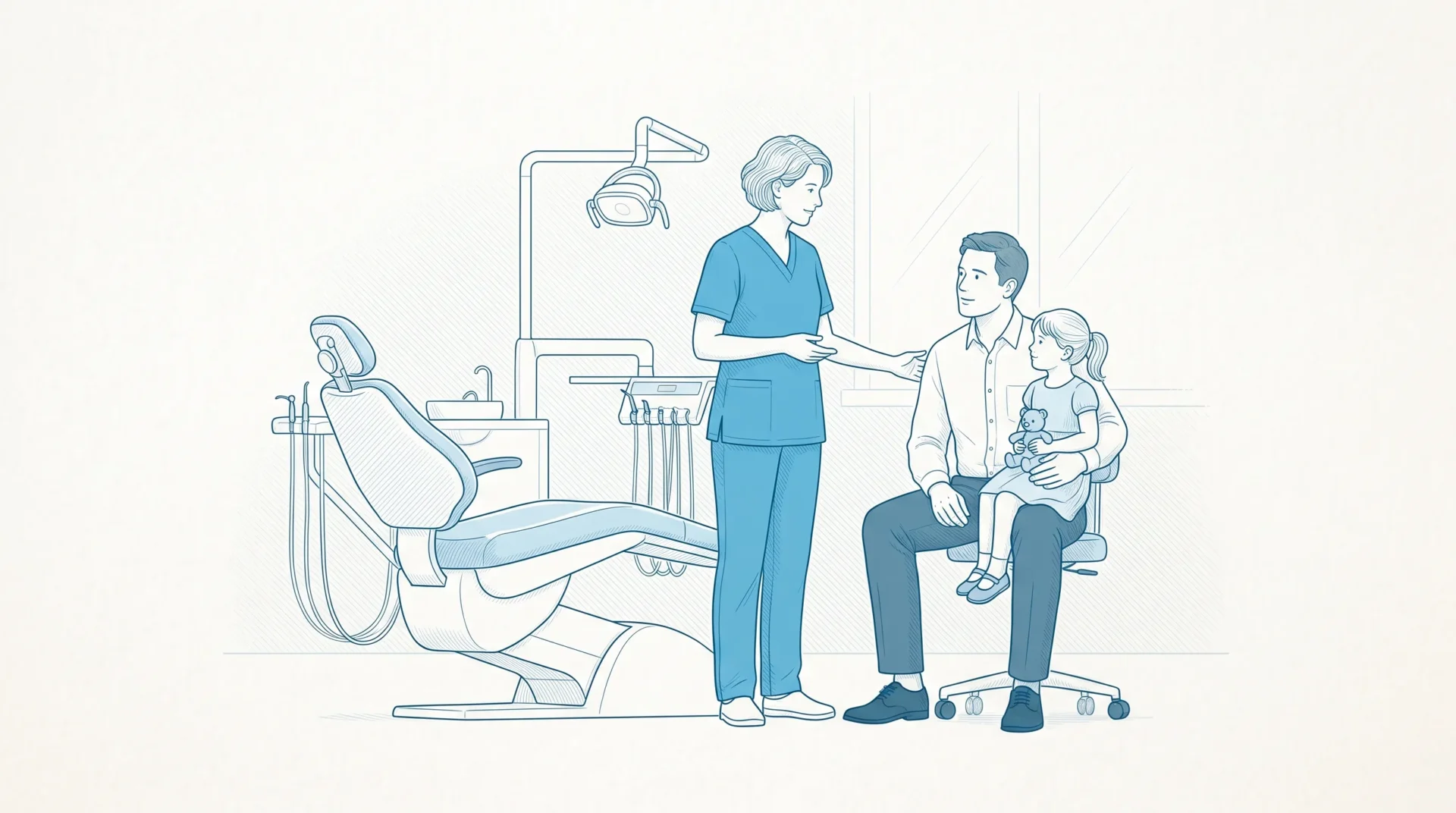 A dentist in scrubs speaks calmly with a parent and child beside a dental chair at the clinic.