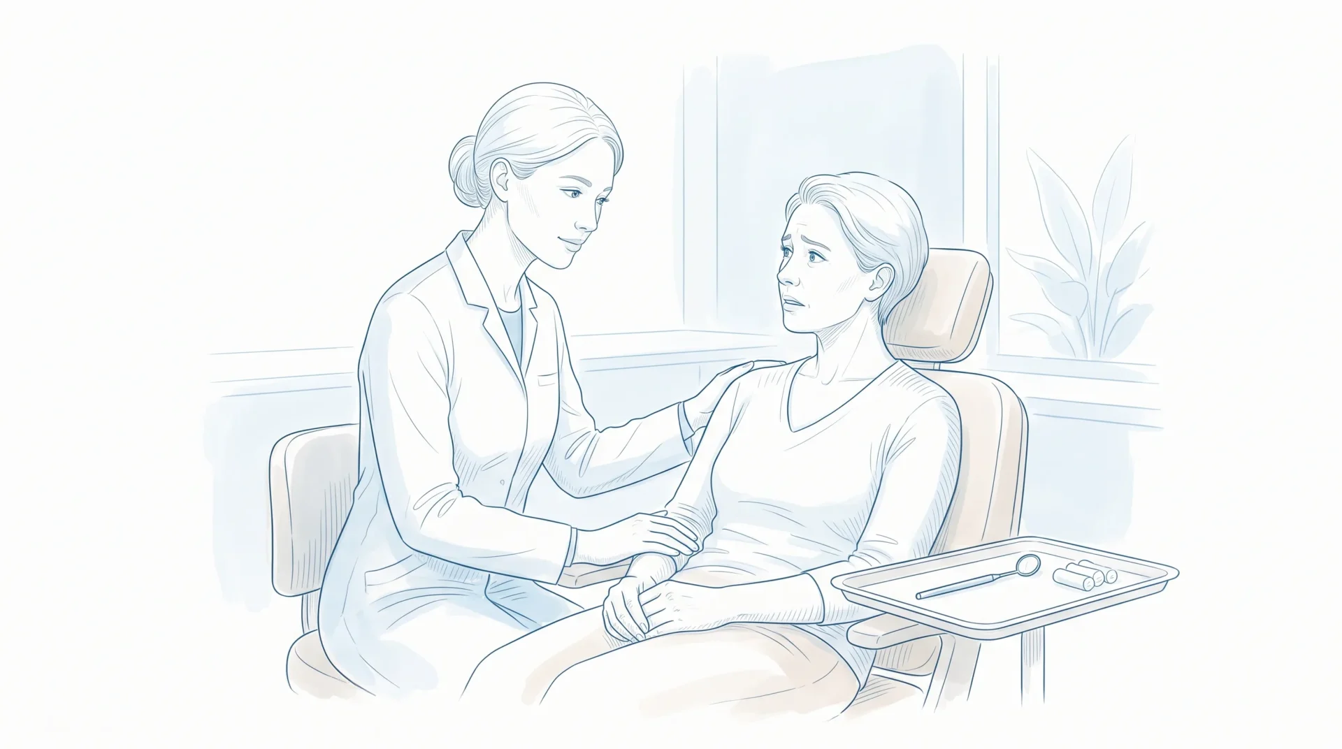 A dentist reassures an anxious patient in a Hillside dental room before a check-up or treatment.