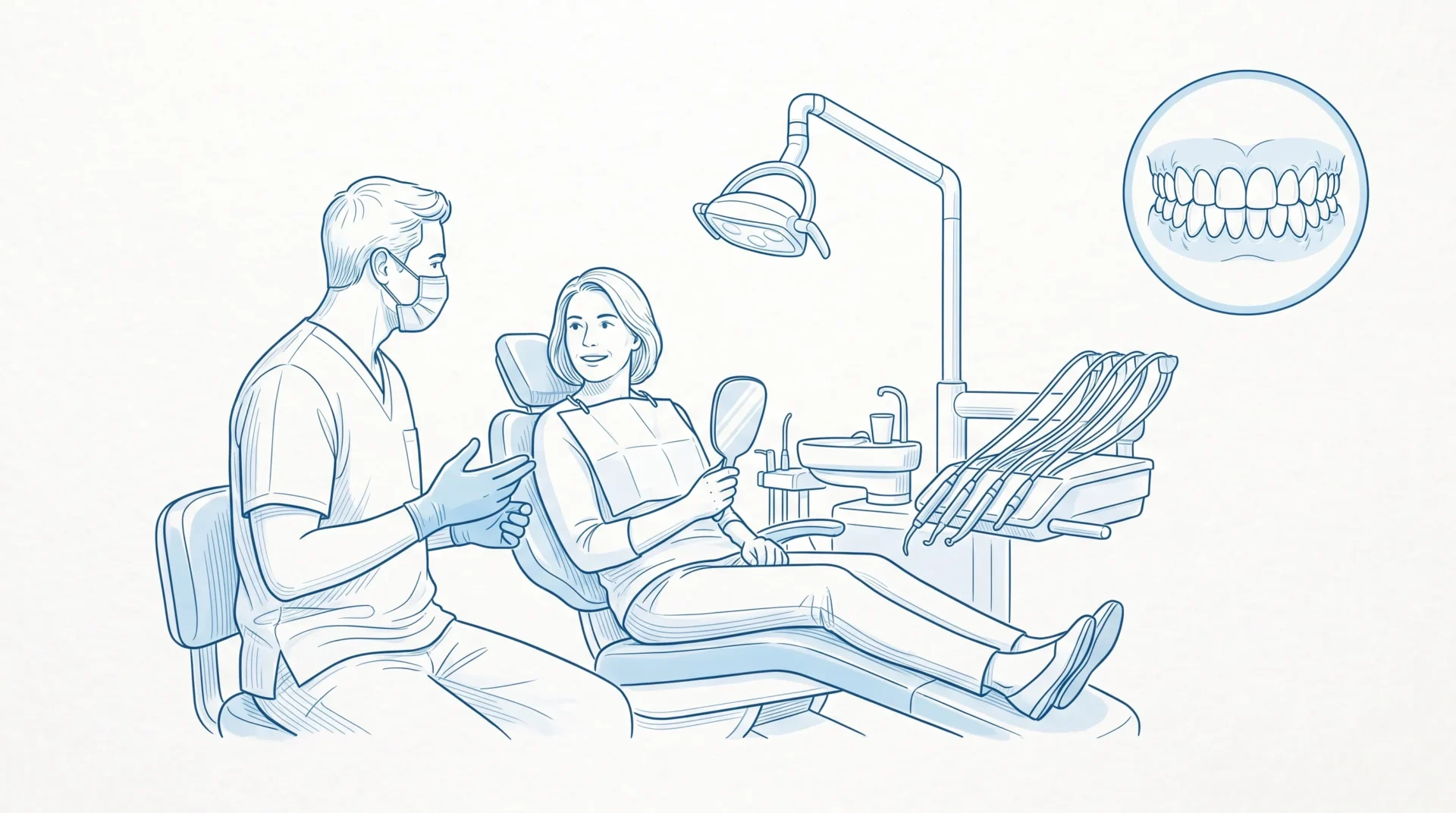 A dentist speaks calmly with an adult patient seated in a dental chair, with a mirror in hand and a small inset showing natural teeth and scalloped gums.