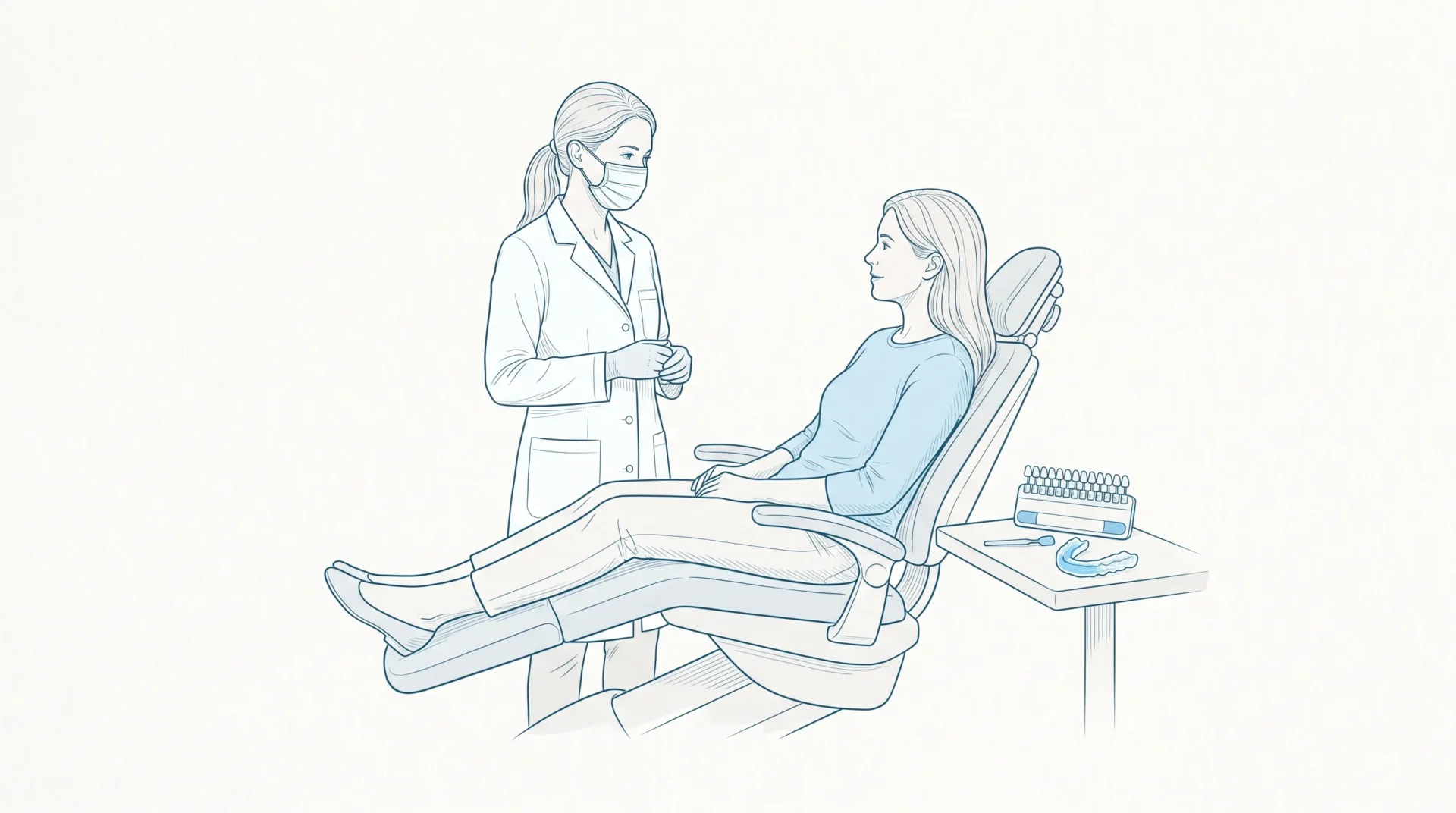 A dentist speaks with an adult patient seated upright in a dental chair, with a shade guide and whitening tray on the bench nearby.