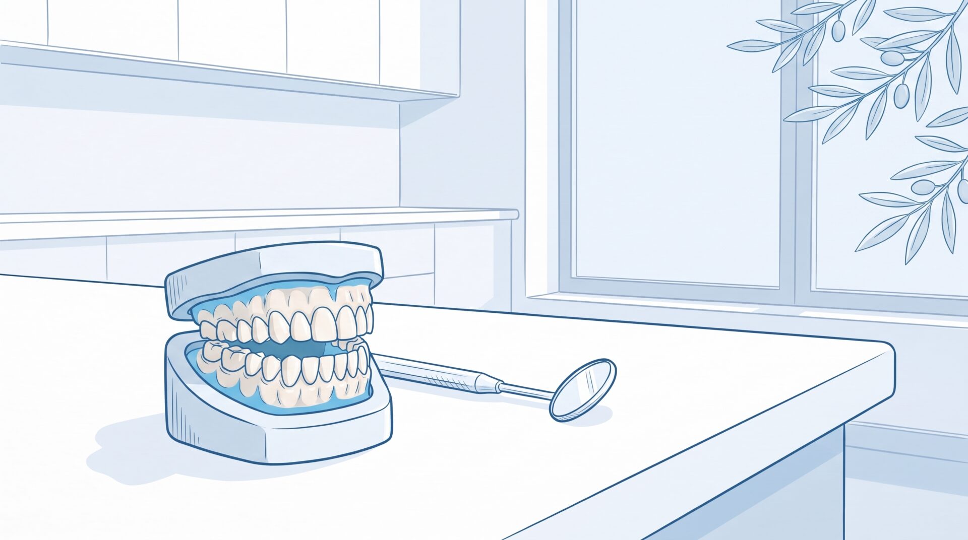 A full set of upper and lower teeth on a dental model sits beside a dental mirror on a clinic bench, representing common dental treatments.
