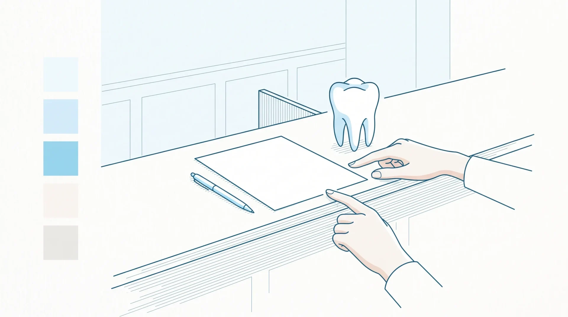 A neat dental reception counter with a blank estimate sheet, pen and tooth model, showing how treatment costs may be discussed.
