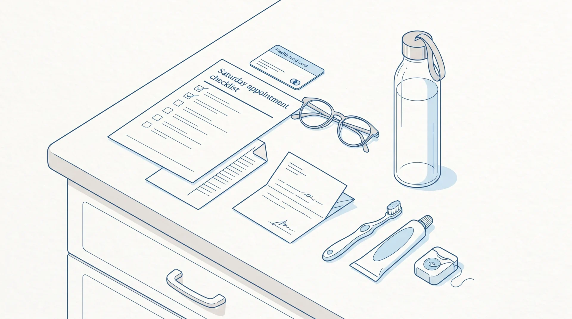 A neatly arranged Saturday appointment checklist with a health fund card, medication notes, glasses, a water bottle and child dental items on a kitchen bench.