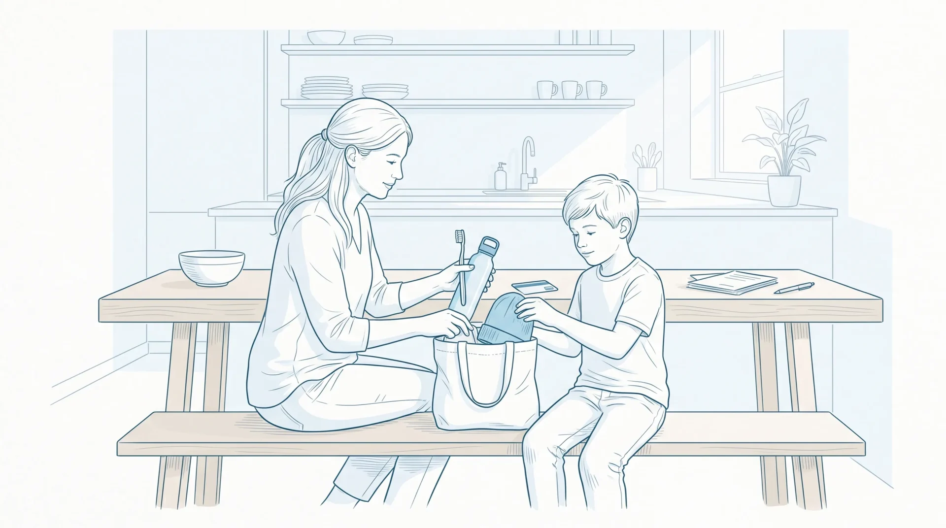 A parent and child pack dental items and a benefit card before a Saturday appointment.