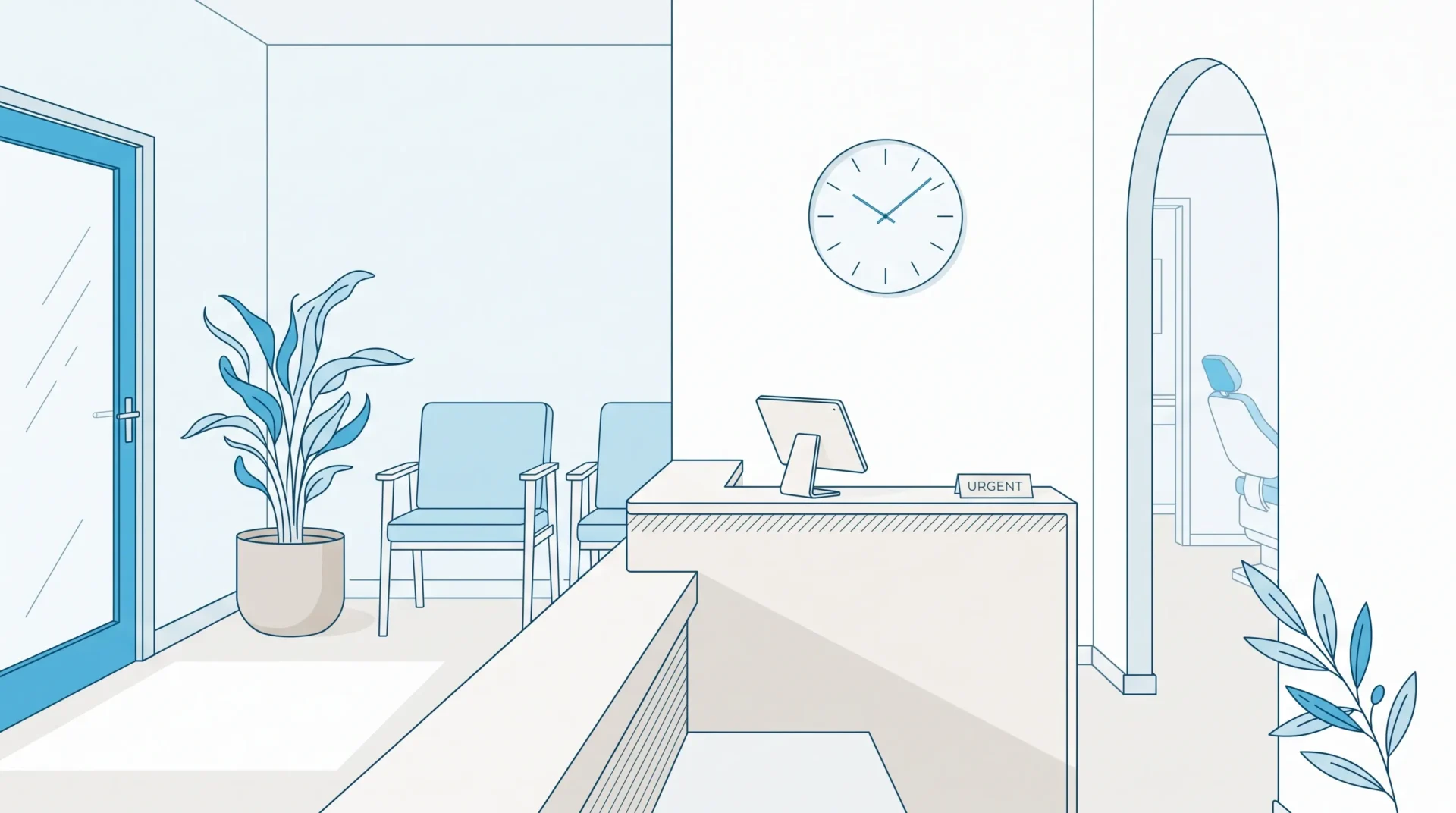 A quiet Sydenham dental clinic reception shows where patients can arrange urgent dental care.