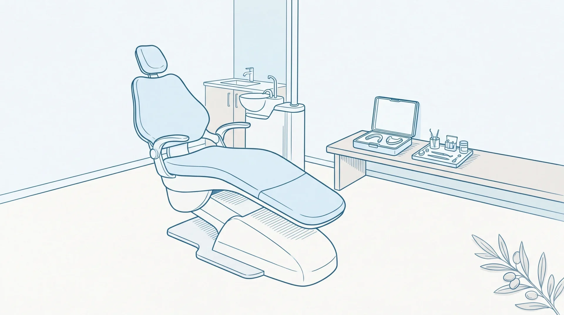 A Sydenham dental treatment room is set up with a chair, whitening tray case and resin kit for cosmetic care.