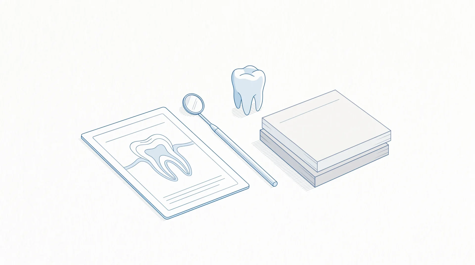 A tooth model, mirror and blank clinical notes sit on a dental table as a patient estimate is considered.