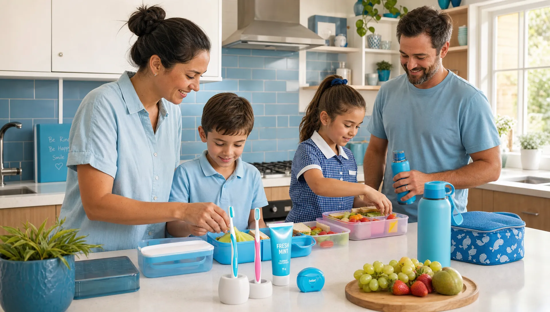 A warm natural kitchen scene of a diverse Australian family preparing school lunchboxes, with water bottles and toothbrushes nearby as part of a realistic dental care family routine.