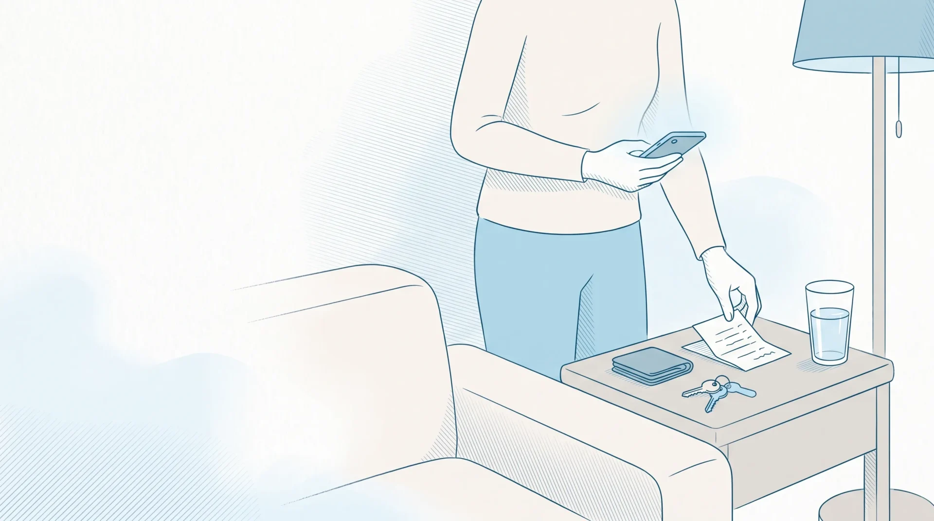 An adult gathers essentials at home before heading to an emergency dental appointment.