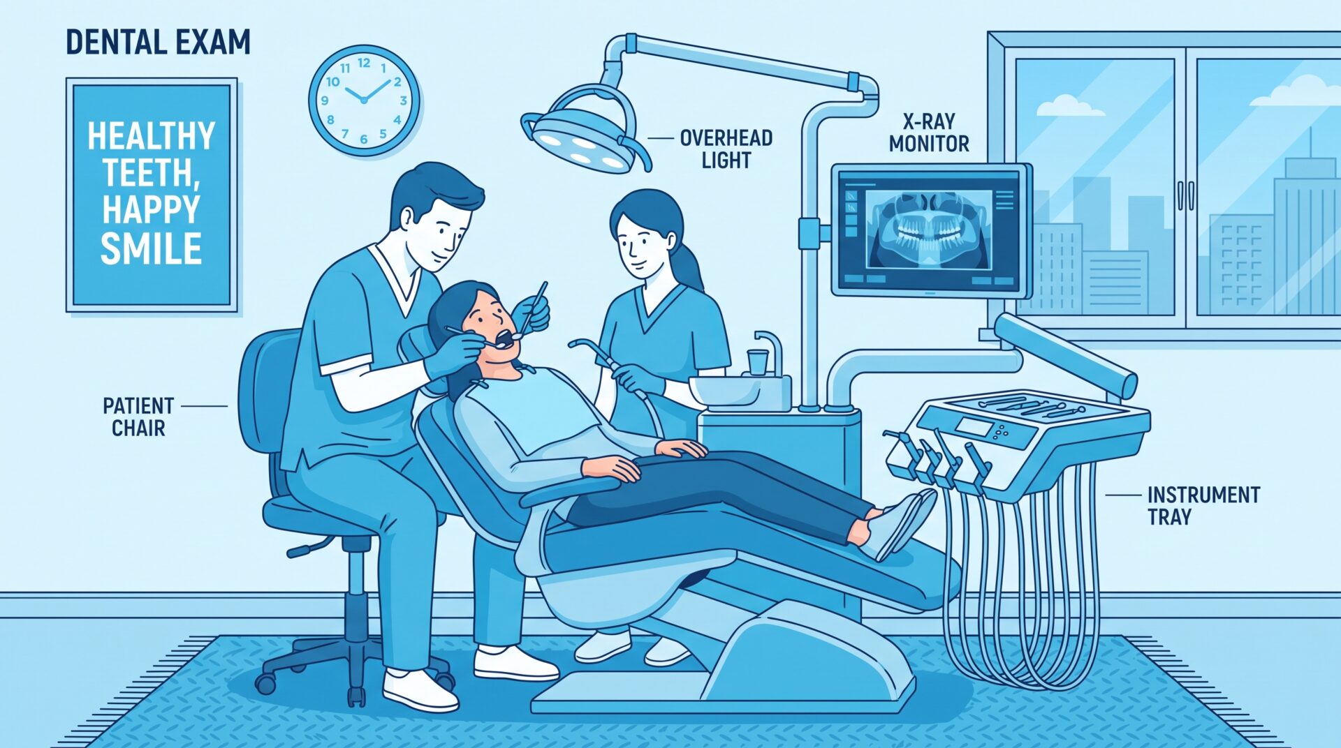 An adult patient and dental practitioner calmly discussing a professional teeth cleaning appointment in a modern Australian clinic, with gloves visible, a small instrument tray, and a relaxed consultation setting.