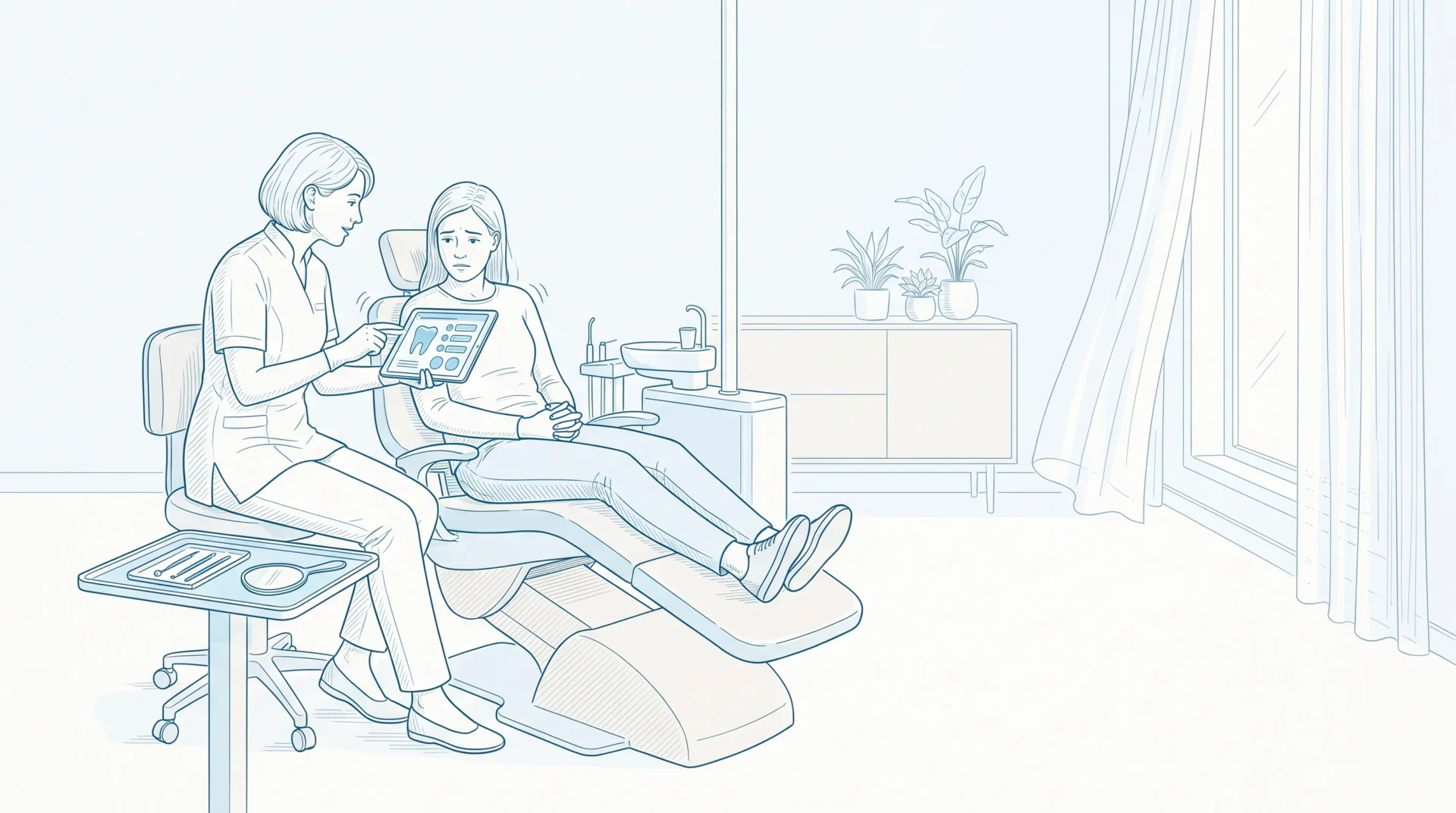 An adult patient speaks with a dentist in a calm consultation room, with a neat tray nearby and space for gentle explanation about dental care.