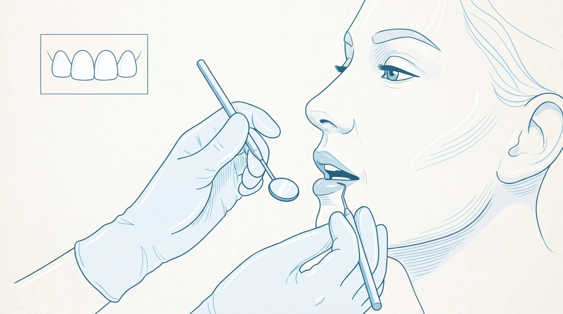 An adult side profile is examined with a mirror and probe as part of smile dental design planning.