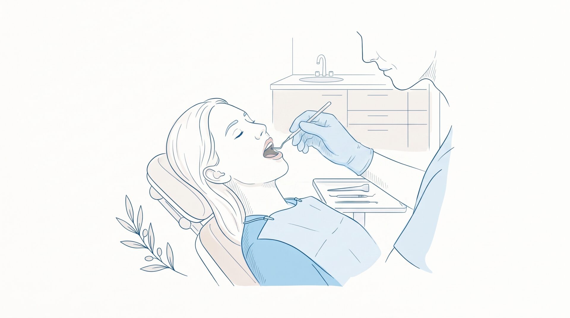 Dentist examines a reclined patient’s open mouth with a mirror during a tooth pain check-up, with a chair, cabinet and small olive branch beside the scene.