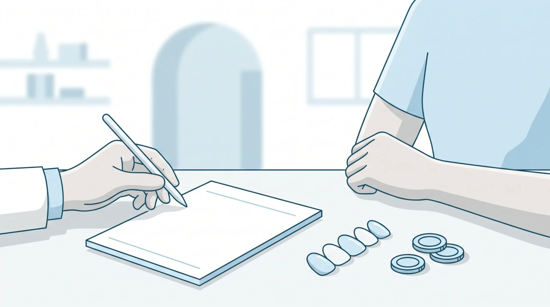 Hands and veneer samples surround a blank quote sheet during a dental consultation.