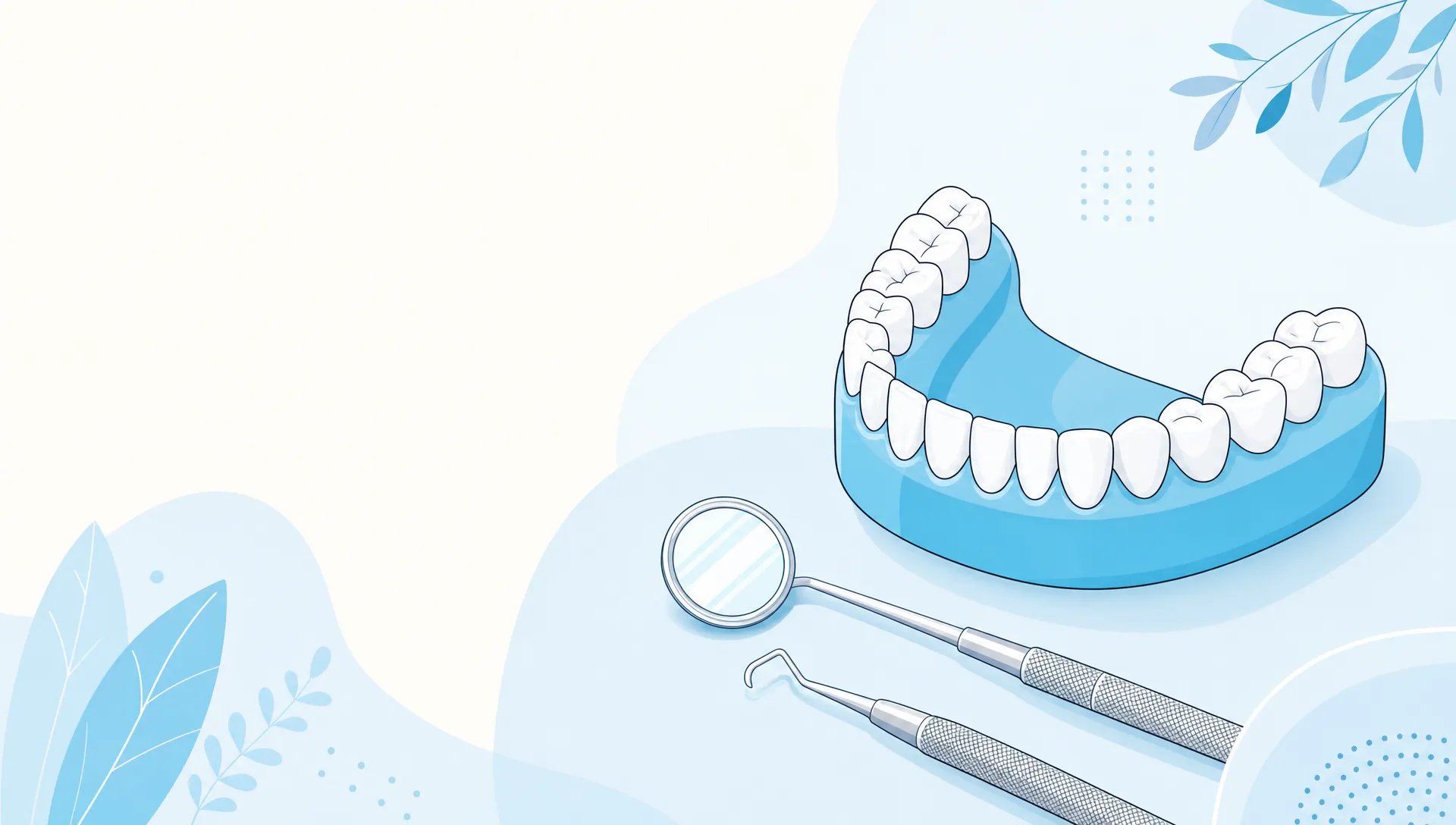 Premium editorial vector illustration for a My Smile Dental article about teeth clean Melbourne, showing a simplified dental arch with a scaler and mirror positioned nearby, plenty of open space, and a calm preventive-care feel. Style block: landscape editorial vector illustration, flat-to-semi-flat approach, fine near-black linework, palette anchored by white, pale blue, cyan and soft yellow with warm off-white space, restrained grey details, minimal soft shadows, avoid photorealism, glossy surfaces, crowded layouts, cartoon teeth, exaggerated smiles, heavy black areas, and any text or logos.