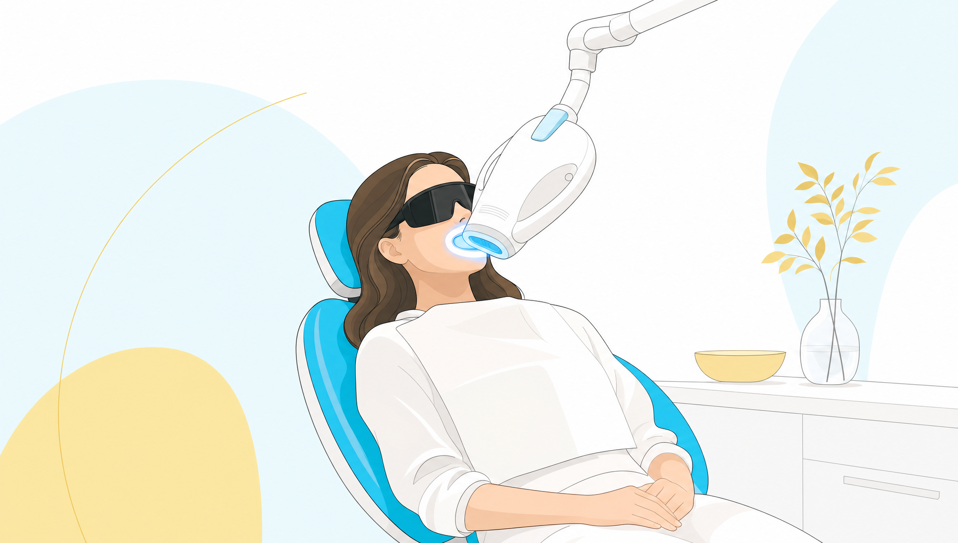 Premium editorial vector illustration of a calm teeth whitening consultation, showing a simplified dental arch with a subtle whitening tray, fine near-black linework and generous white space, with no text or interface elements.