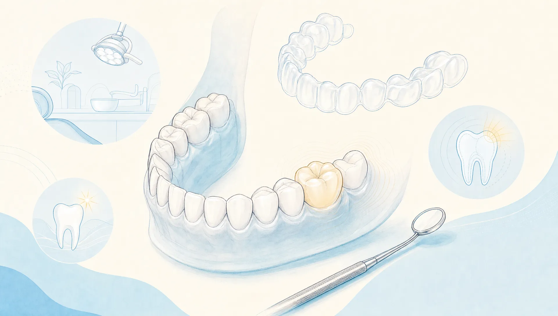 Premium editorial vector illustration of dental services offered at a calm Sydenham dental clinic, showing one refined dental arch as the focal point with subtle elements representing general care, cosmetic planning and emergency assessment. Include a translucent aligner outline, a simplified clean instrument, and one gently highlighted tooth with calm contour lines. Use generous negative space, warm ivory and pale blue background areas, My Smile cyan accents, soft yellow highlights, charcoal fine linework, no text, no logos, no captions, no interface elements.